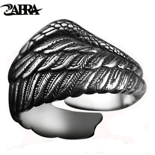 ZABRA Vintage 925 Silver Men Ring Adjustable Eagle Wing Feather Retro Black Punk Biker Man Rings Female Sterling Silver Jewelry