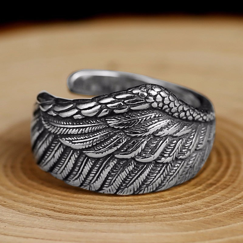 ZABRA Vintage 925 Silver Men Ring Adjustable Eagle Wing Feather Retro Black Punk Biker Man Rings Female Sterling Silver Jewelry