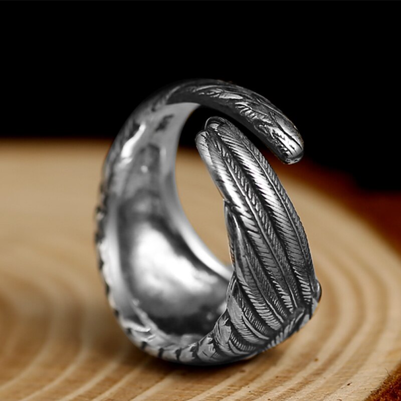 ZABRA Vintage 925 Silver Men Ring Adjustable Eagle Wing Feather Retro Black Punk Biker Man Rings Female Sterling Silver Jewelry