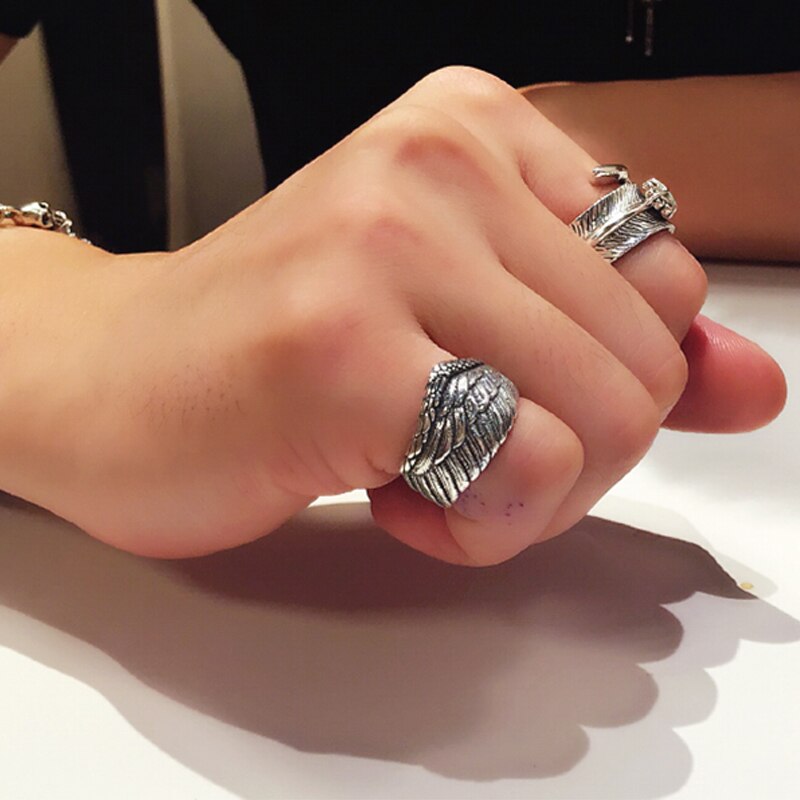 ZABRA Vintage 925 Silver Men Ring Adjustable Eagle Wing Feather Retro Black Punk Biker Man Rings Female Sterling Silver Jewelry