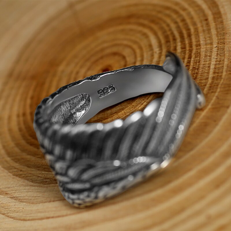 ZABRA Vintage 925 Silver Men Ring Adjustable Eagle Wing Feather Retro Black Punk Biker Man Rings Female Sterling Silver Jewelry