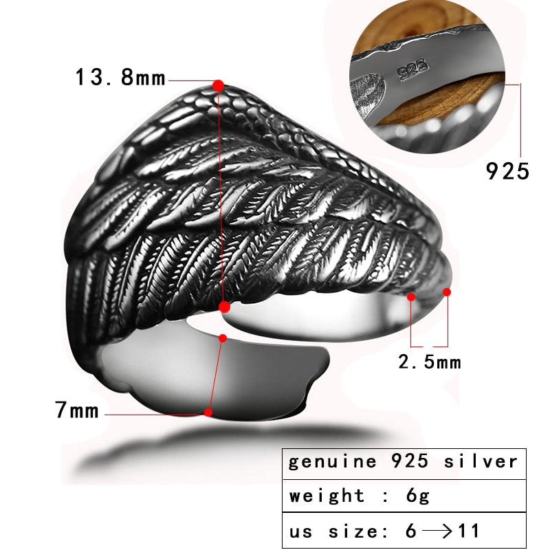 ZABRA Vintage 925 Silver Men Ring Adjustable Eagle Wing Feather Retro Black Punk Biker Man Rings Female Sterling Silver Jewelry