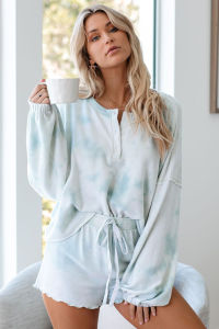 Womens Tie Dye Printed Ruffle Short Pajamas Set Long Sleeve Tops and Shorts PJ Set Loungewear Nightwear Sleepwear