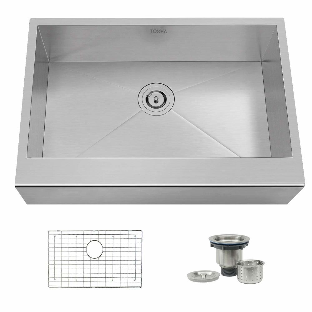 TORVA 33 Inch Farmhouse Kitchen Sink Apron Front 60/40 Double Bowl Flat Front 16 Gauge Stainless Steel