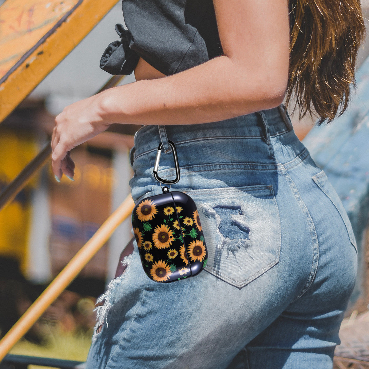 Airpods Pro Case Cover with Sunflower Skin,OLEBAND Cute Hard Protective Shockproof Accessory with Keychain for Men Women and Girls,Compatible for Apple Airpods Pro 3 Charging Case Front LED Visible