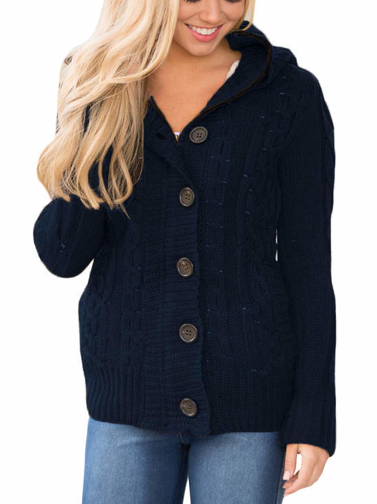 Women Hooded Knit Cardigans Button Cable Sweater Coat