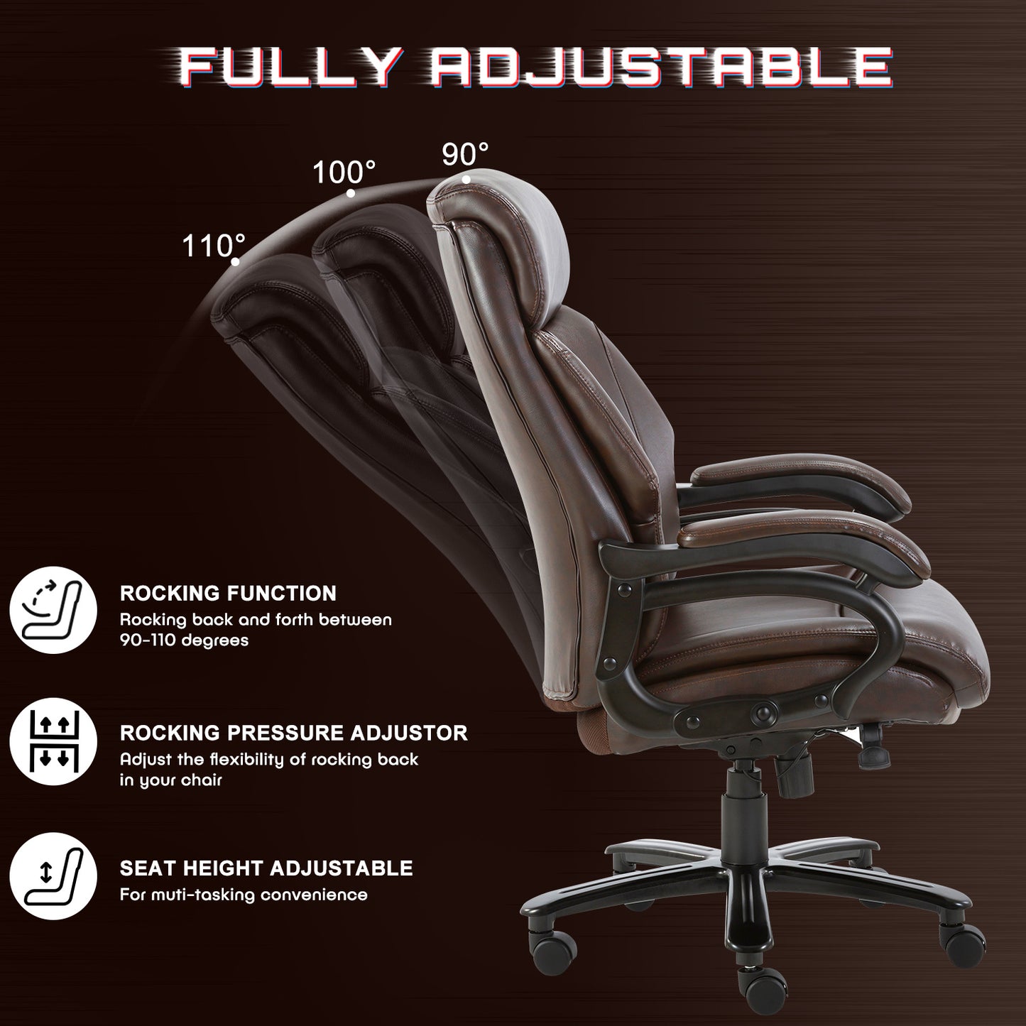 High Back Big & Tall 400lb Bonded Leather Office Chair Large Executive Desk Computer Swivel Chair - Heavy Duty Metal Base, Adjustable Tilt Angle, Ergonomic Design for Lumbar Support