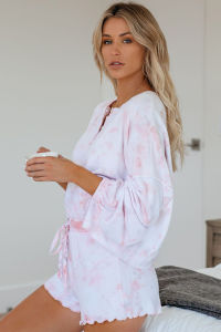 Womens Tie Dye Printed Ruffle Short Pajamas Set Long Sleeve Tops and Shorts PJ Set Loungewear Nightwear Sleepwear