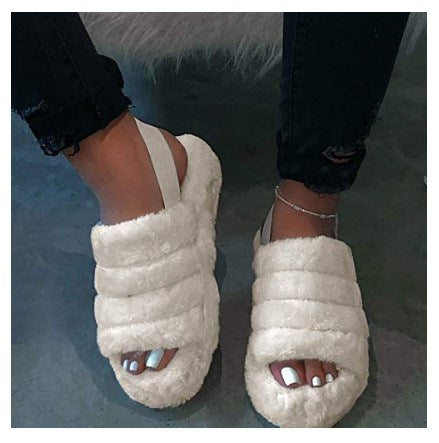 Women Fur Wedge Slippers with Ankle Elastic Band Open Toe Winter Slides Home Slipper Plush Slip-on Fluffy Warm Indoor Slippers Comfortable