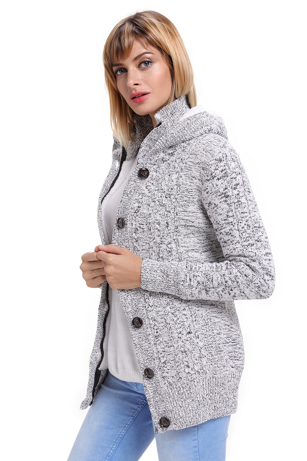 Women Hooded Knit Cardigans Button Cable Sweater Coat