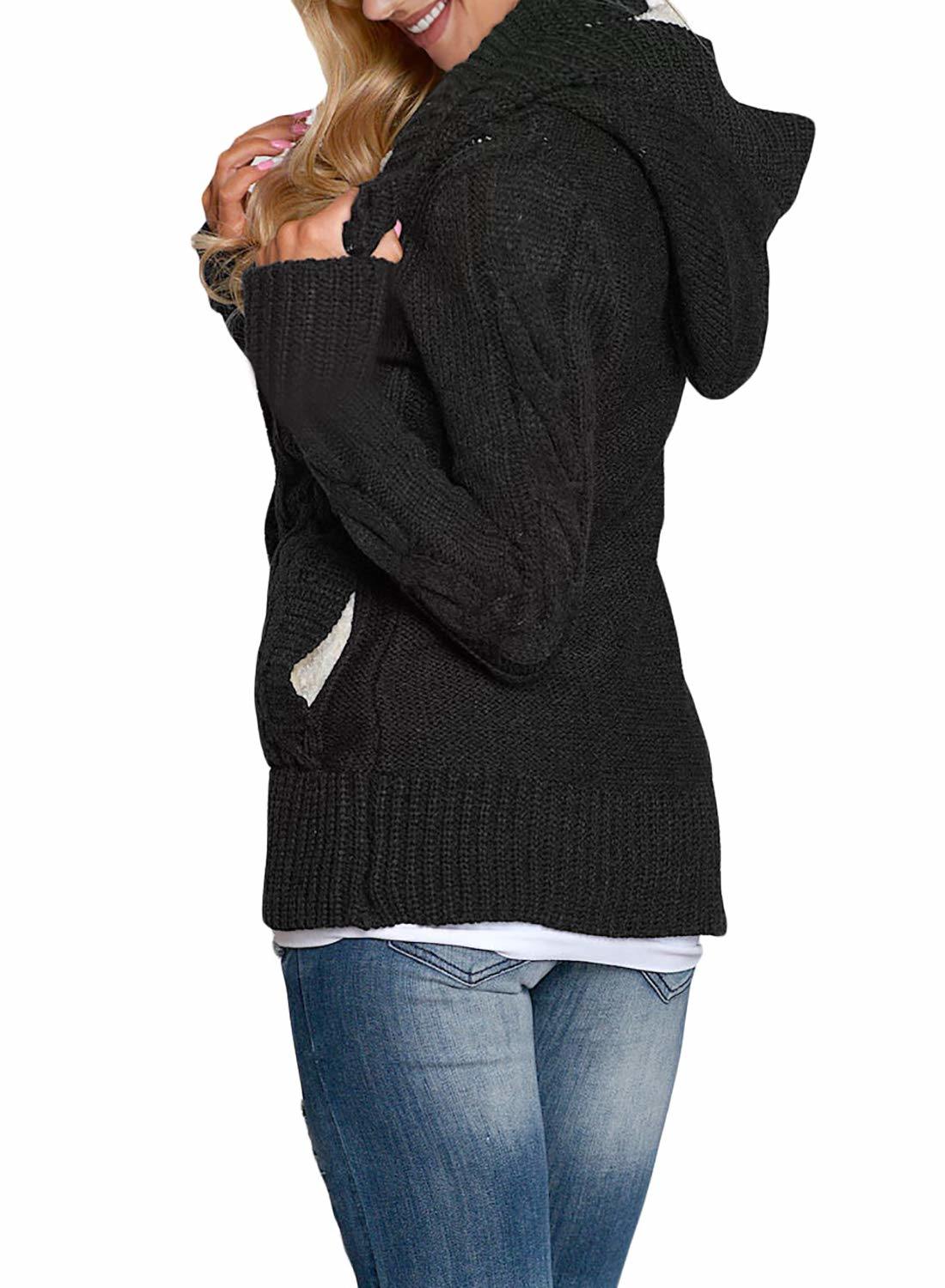 Women Hooded Knit Cardigans Button Cable Sweater Coat