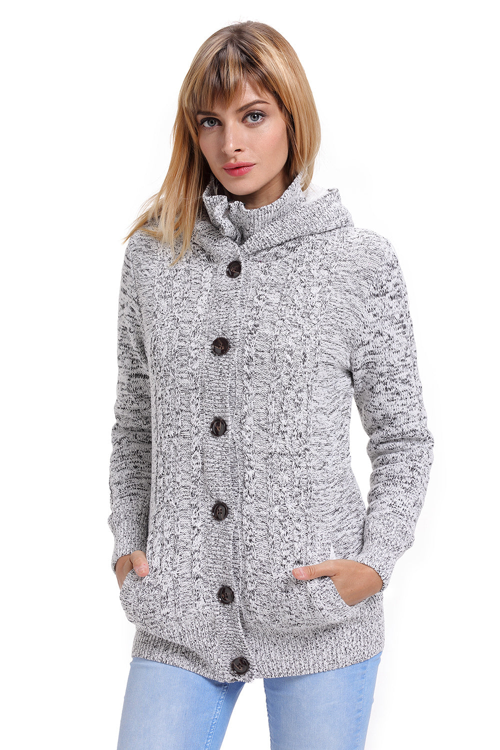Women Hooded Knit Cardigans Button Cable Sweater Coat