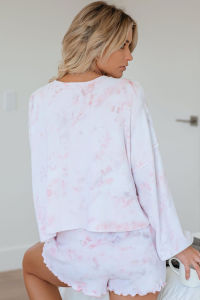 Womens Tie Dye Printed Ruffle Short Pajamas Set Long Sleeve Tops and Shorts PJ Set Loungewear Nightwear Sleepwear