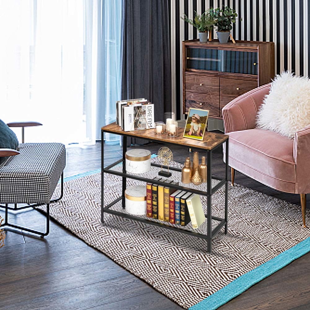 Modern industrial wood grain 3 layers 40-inch rectangle wrought iron sofa table