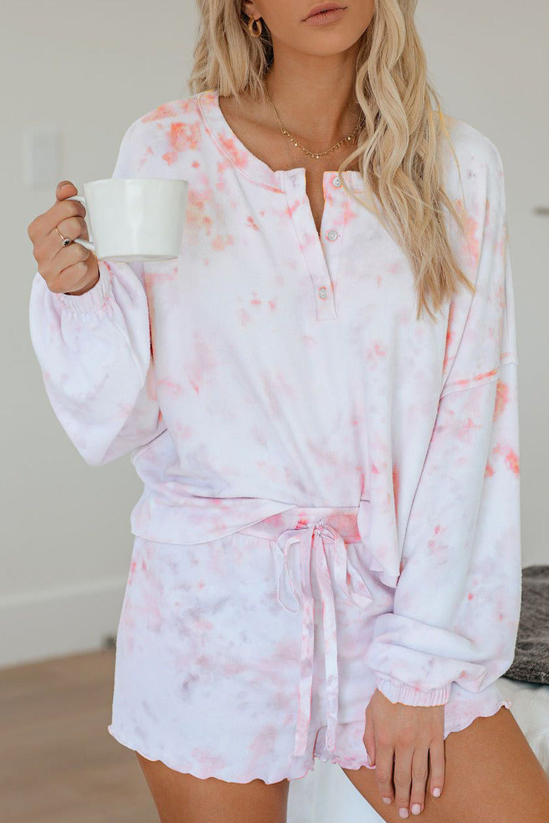 Womens Tie Dye Printed Ruffle Short Pajamas Set Long Sleeve Tops
