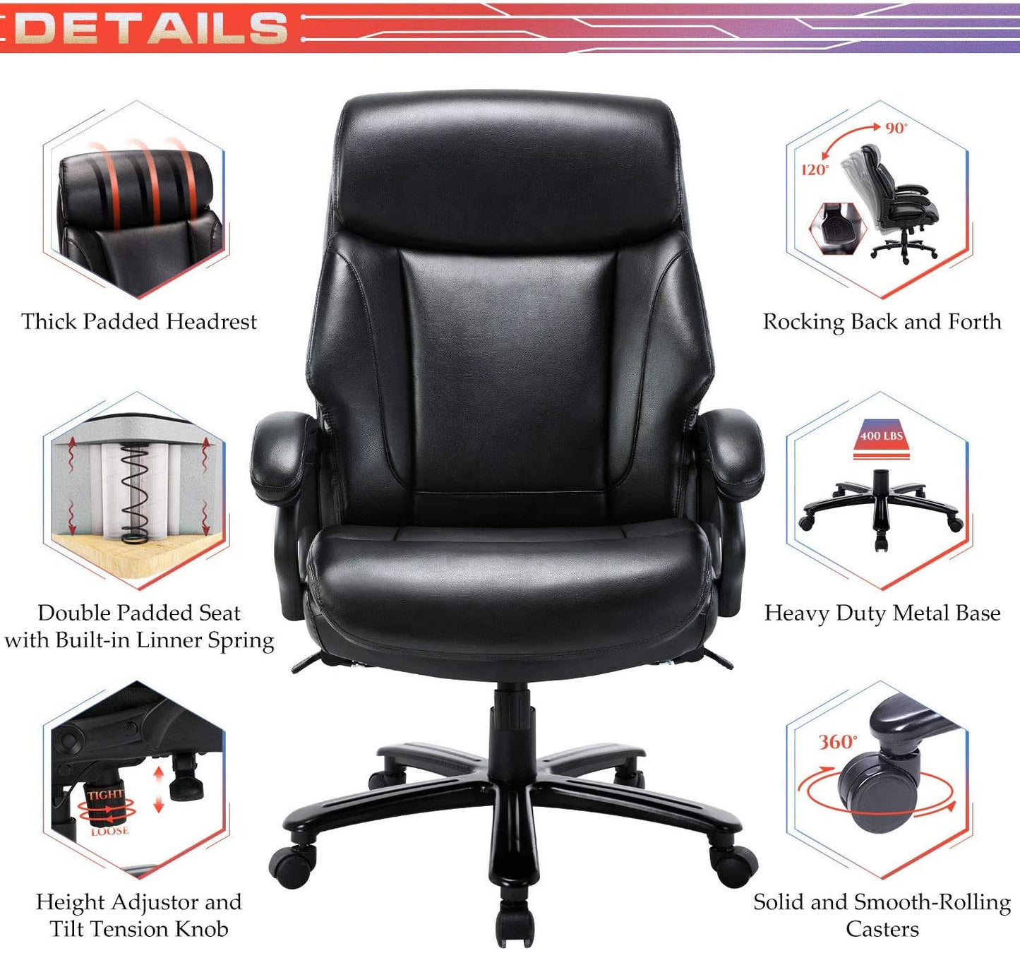 High Back Big & Tall 400lb Bonded Leather Office Chair Large Executive Desk Computer Swivel Chair - Heavy Duty Metal Base, Adjustable Tilt Angle, Ergonomic Design for Lumbar Support