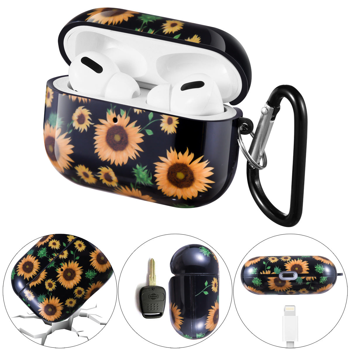 Airpods Pro Case Cover with Sunflower Skin,OLEBAND Cute Hard Protective Shockproof Accessory with Keychain for Men Women and Girls,Compatible for Apple Airpods Pro 3 Charging Case Front LED Visible