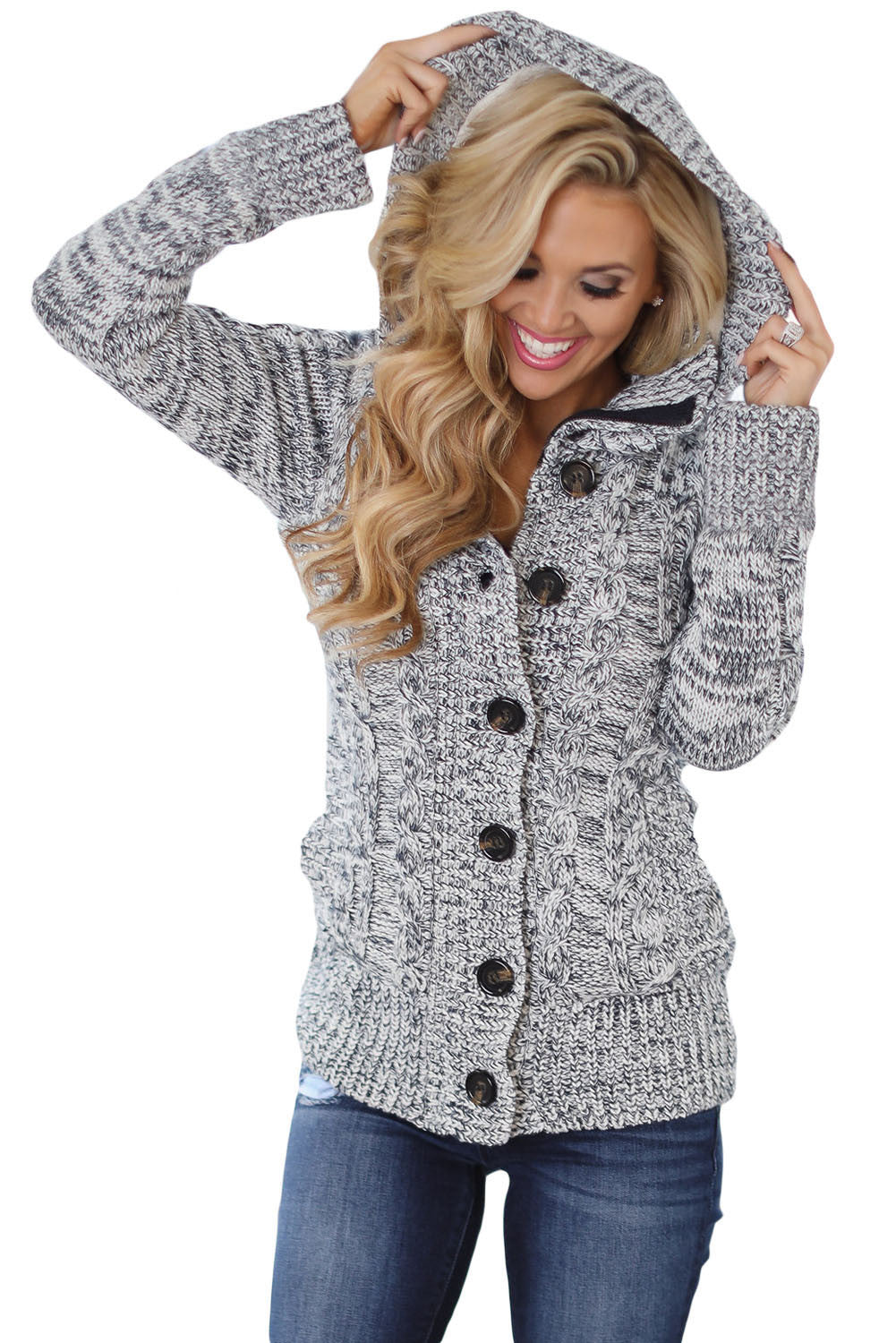 Women Hooded Knit Cardigans Button Cable Sweater Coat