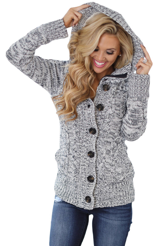Women Hooded Knit Cardigans Button Cable Sweater Coat