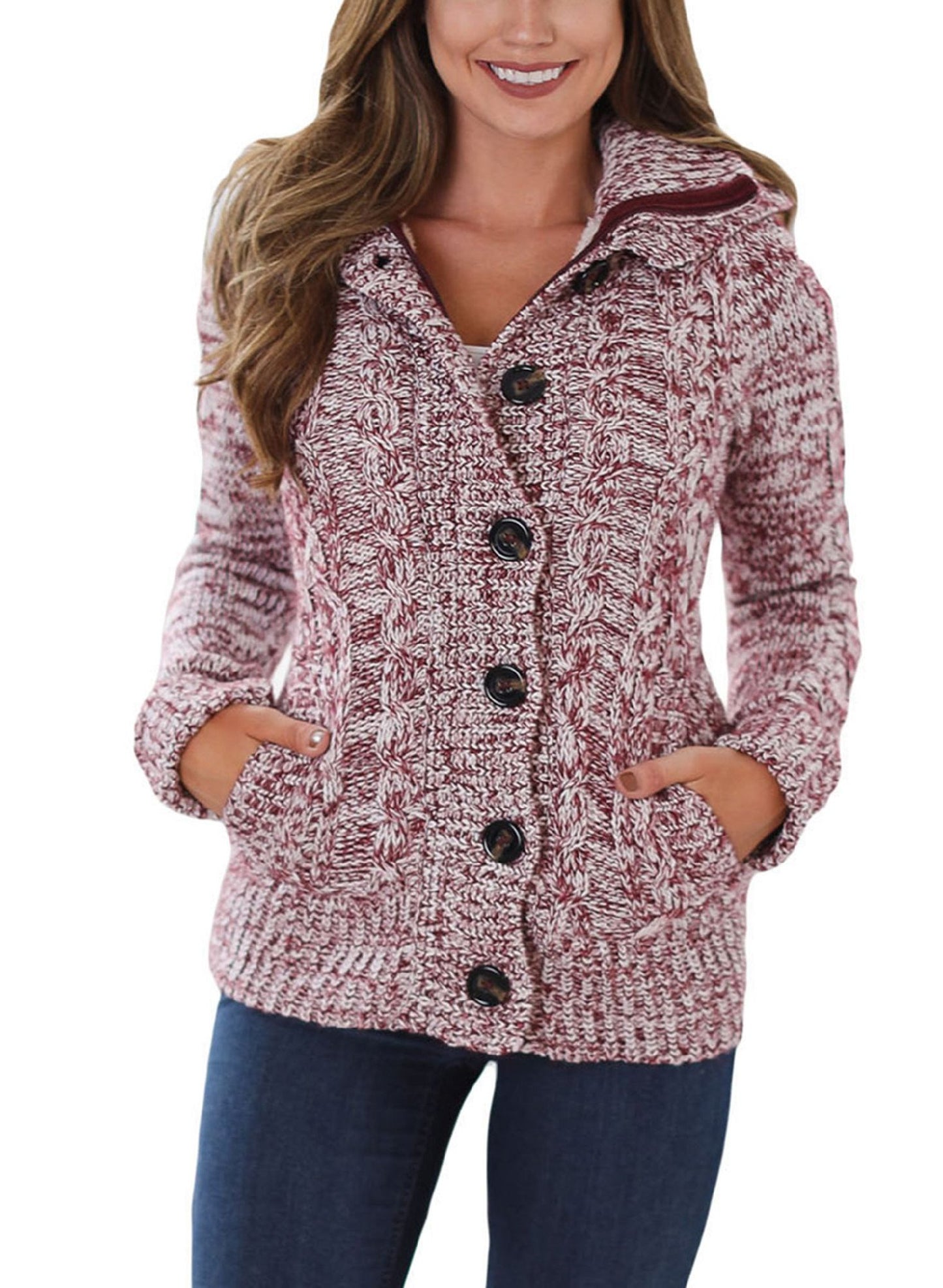 Women Hooded Knit Cardigans Button Cable Sweater Coat