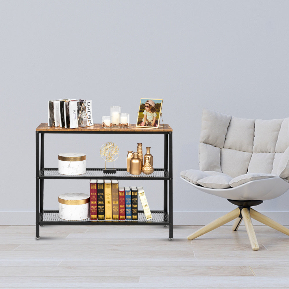 Modern industrial wood grain 3 layers 40-inch rectangle wrought iron sofa table