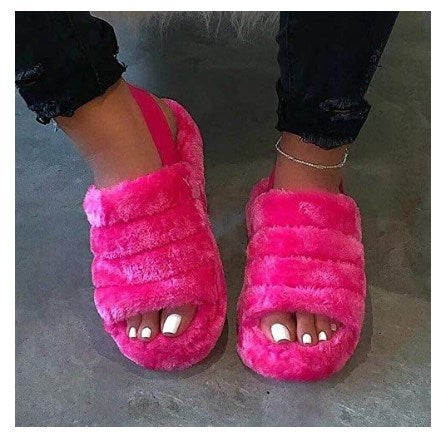 Women Fur Wedge Slippers with Ankle Elastic Band Open Toe Winter Slides Home Slipper Plush Slip-on Fluffy Warm Indoor Slippers Comfortable