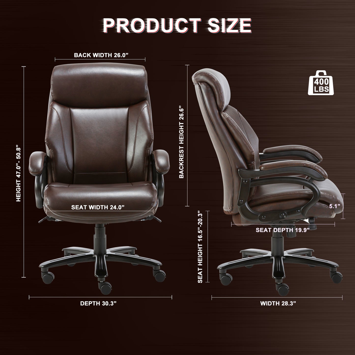 High Back Big & Tall 400lb Bonded Leather Office Chair Large Executive Desk Computer Swivel Chair - Heavy Duty Metal Base, Adjustable Tilt Angle, Ergonomic Design for Lumbar Support