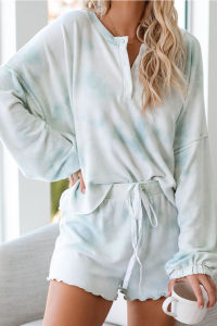 Womens Tie Dye Printed Ruffle Short Pajamas Set Long Sleeve Tops and Shorts PJ Set Loungewear Nightwear Sleepwear