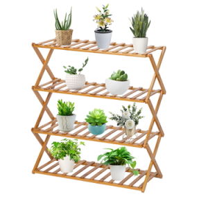 4-Tier Foldable Flower Rack Plant Stand Bamboo Shelf, Multipurpose Utility Storage Rack Books Picture Frames Shelves for Yard Garden Patio Balcony Bedroom, Natural RT