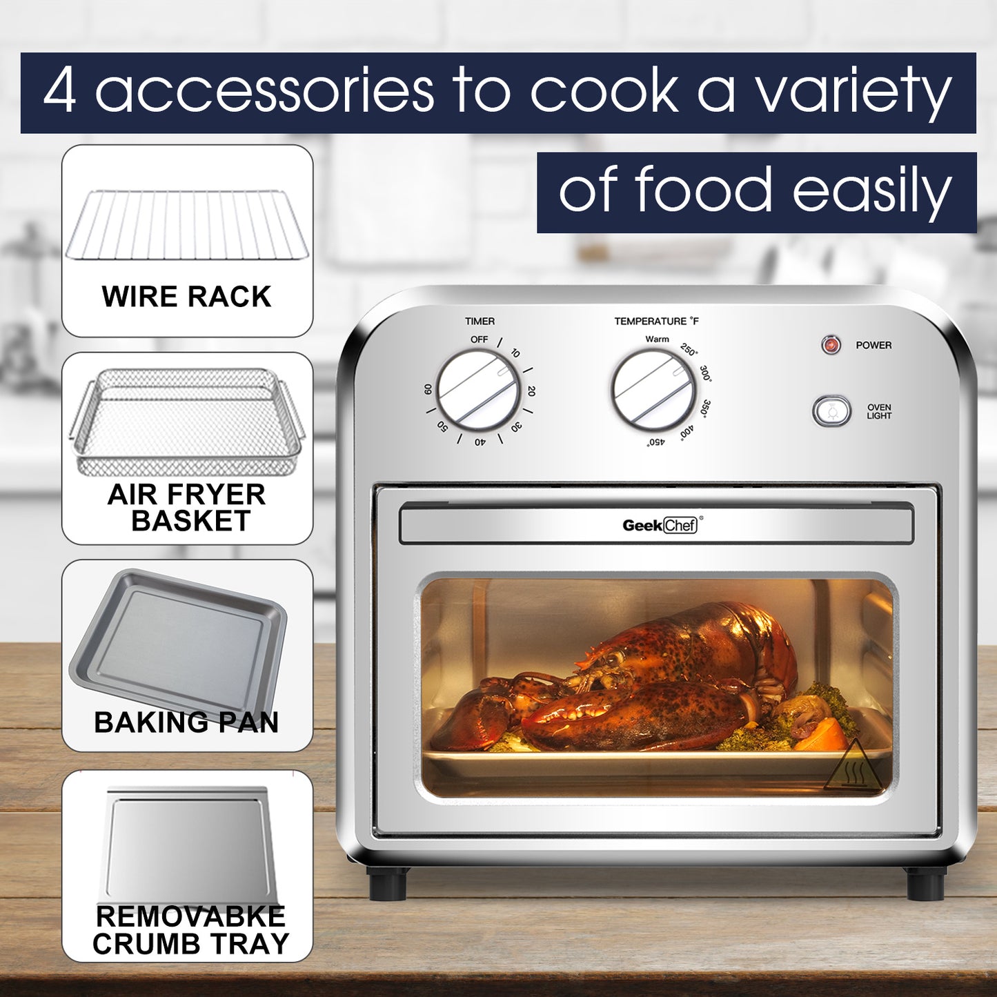 Geek Chef Air Fryer Toaster Oven, 4 Slice Convection Airfryer Countertop Oven, Roast, Bake, Broil, Reheat, Fry Oil-Free, Cooking 4 Accessories Included, Stainless Steel,1500W