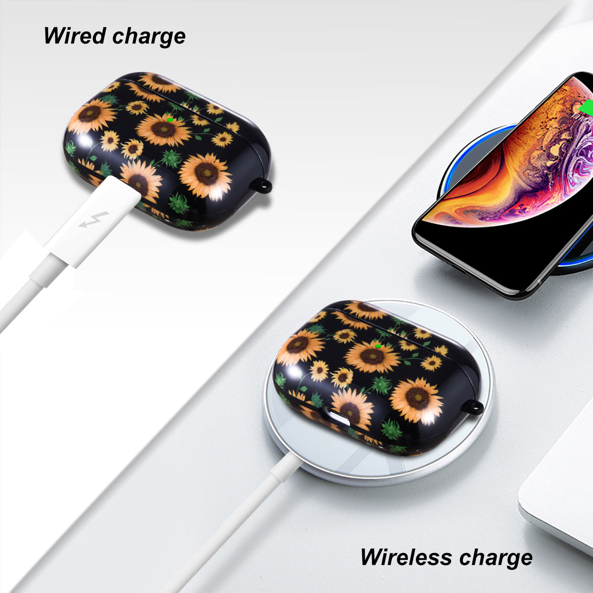 Airpods Pro Case Cover with Sunflower Skin,OLEBAND Cute Hard Protective Shockproof Accessory with Keychain for Men Women and Girls,Compatible for Apple Airpods Pro 3 Charging Case Front LED Visible