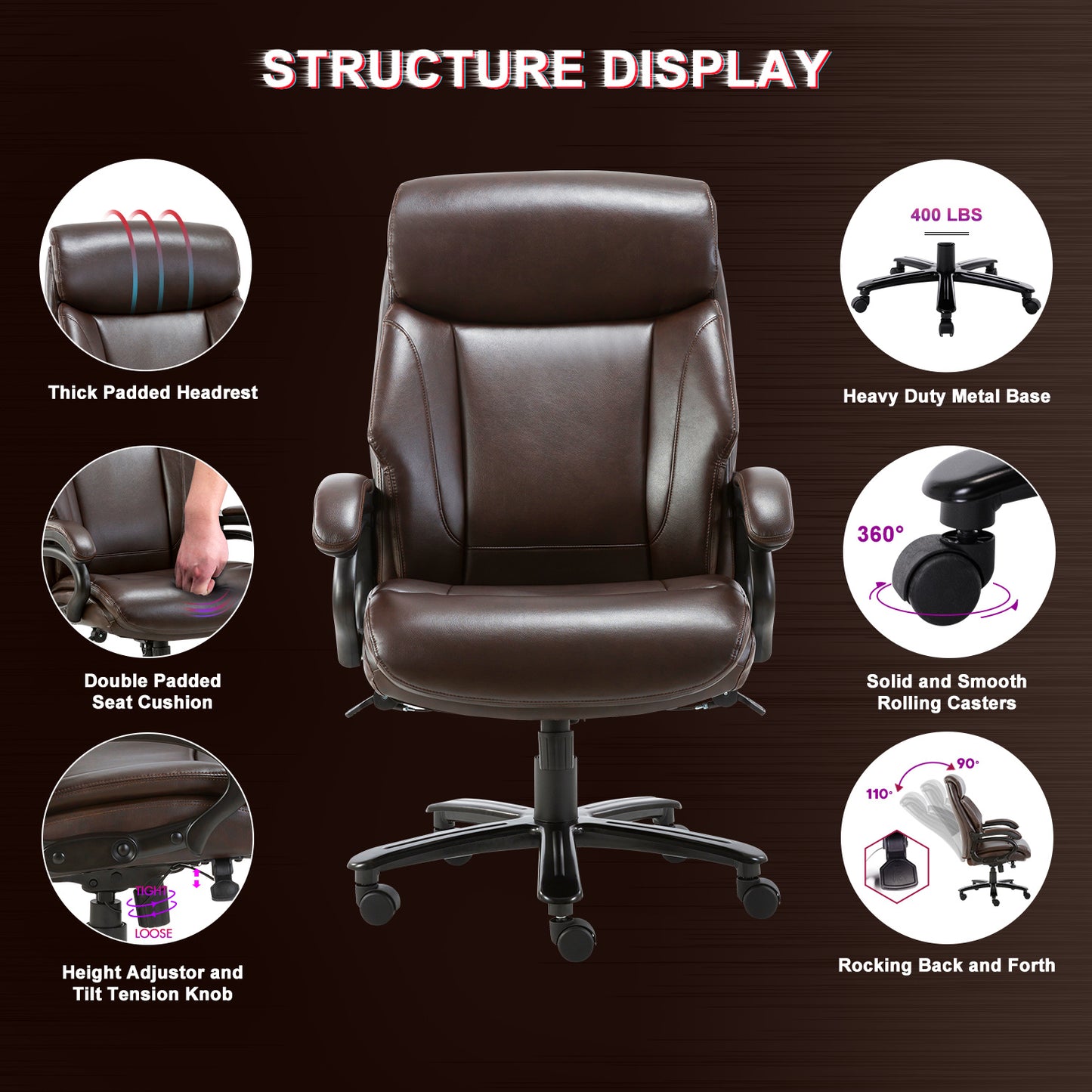 High Back Big & Tall 400lb Bonded Leather Office Chair Large Executive Desk Computer Swivel Chair - Heavy Duty Metal Base, Adjustable Tilt Angle, Ergonomic Design for Lumbar Support