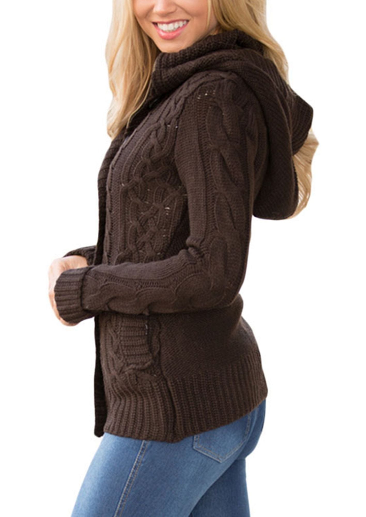 Women Hooded Knit Cardigans Button Cable Sweater Coat