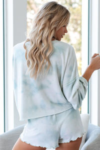 Womens Tie Dye Printed Ruffle Short Pajamas Set Long Sleeve Tops and Shorts PJ Set Loungewear Nightwear Sleepwear