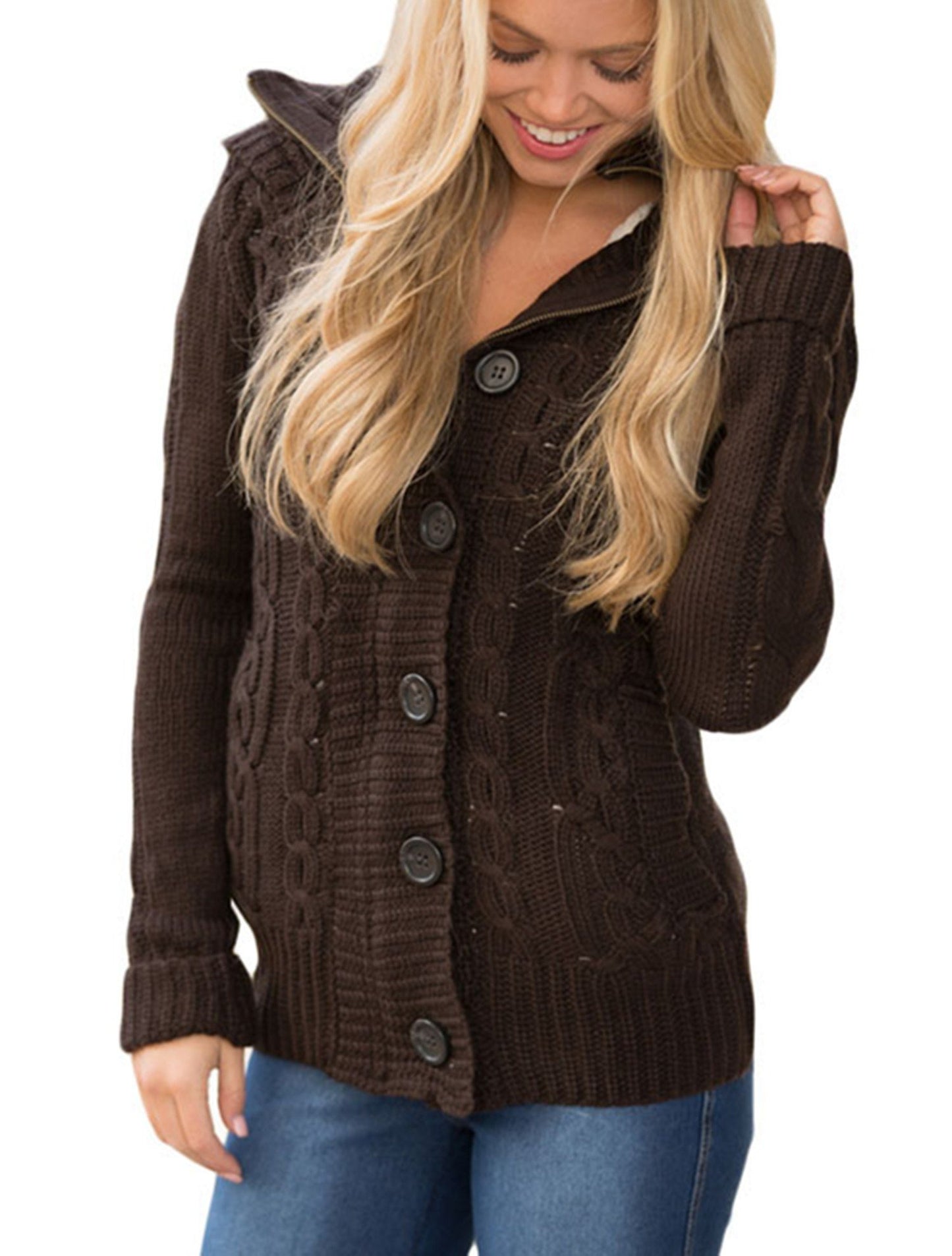 Women Hooded Knit Cardigans Button Cable Sweater Coat