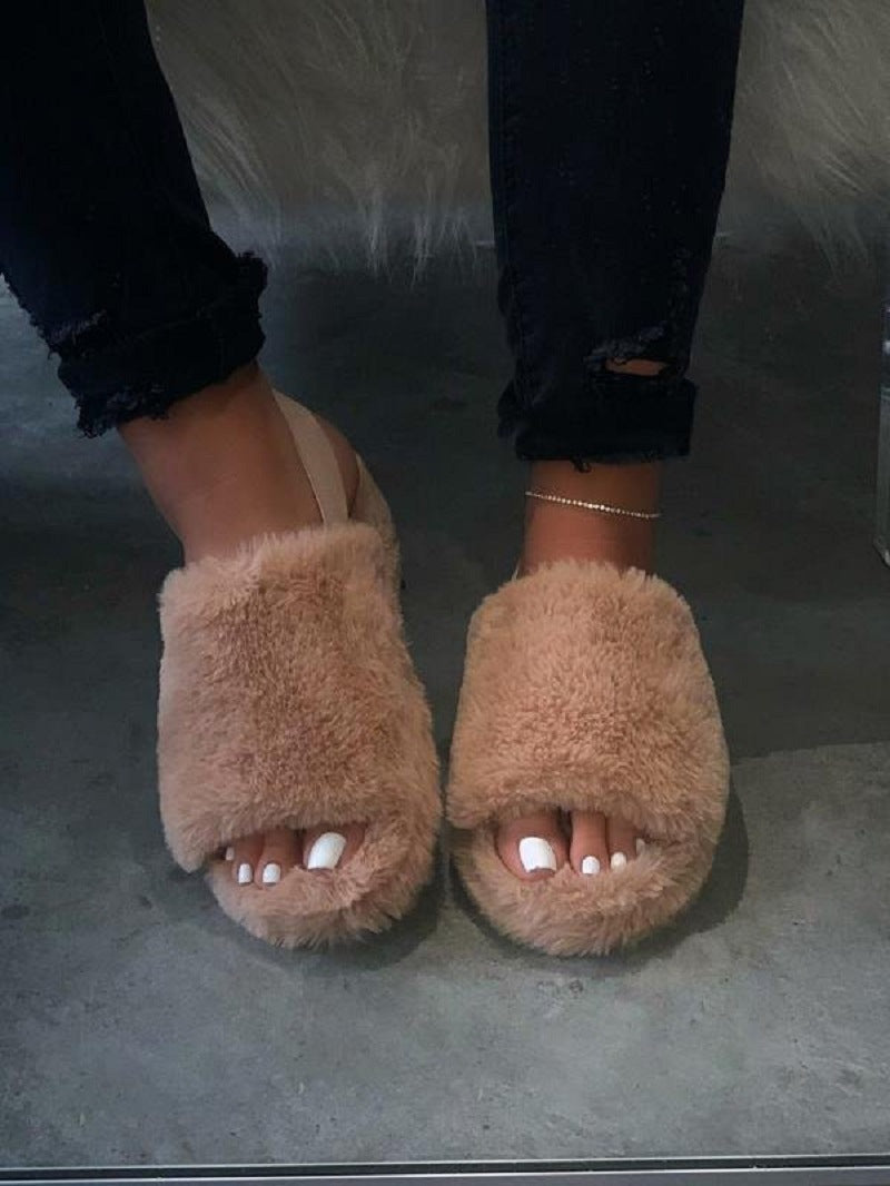 Women Fur Wedge Slippers with Ankle Elastic Band Open Toe Winter Slides Home Slipper Plush Slip-on Fluffy Warm Indoor Slippers Comfortable