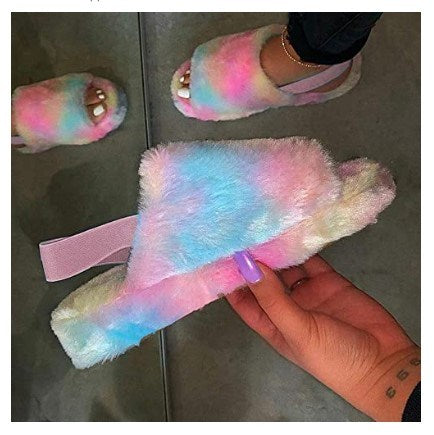 Women Fur Wedge Slippers with Ankle Elastic Band Open Toe Winter Slides Home Slipper Plush Slip-on Fluffy Warm Indoor Slippers Comfortable