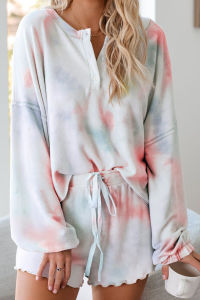 Womens Tie Dye Printed Ruffle Short Pajamas Set Long Sleeve Tops and Shorts PJ Set Loungewear Nightwear Sleepwear