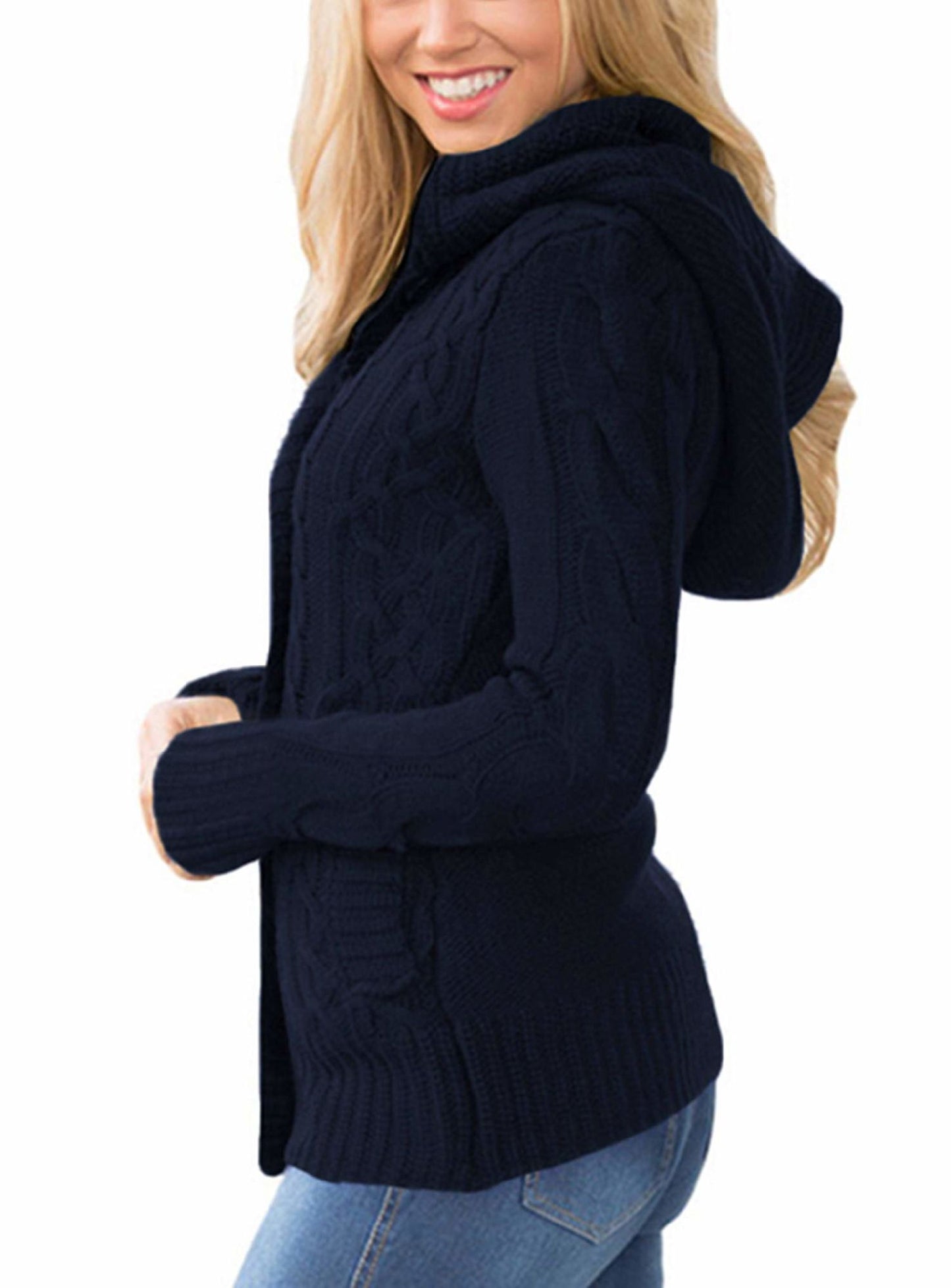 Women Hooded Knit Cardigans Button Cable Sweater Coat