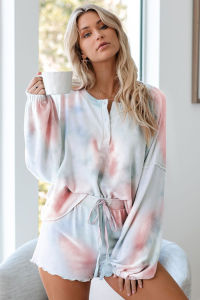 Womens Tie Dye Printed Ruffle Short Pajamas Set Long Sleeve Tops and Shorts PJ Set Loungewear Nightwear Sleepwear