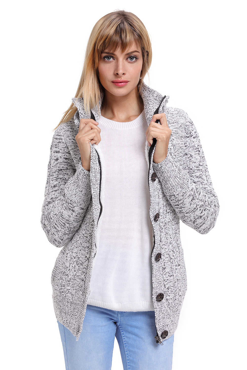 Women Hooded Knit Cardigans Button Cable Sweater Coat