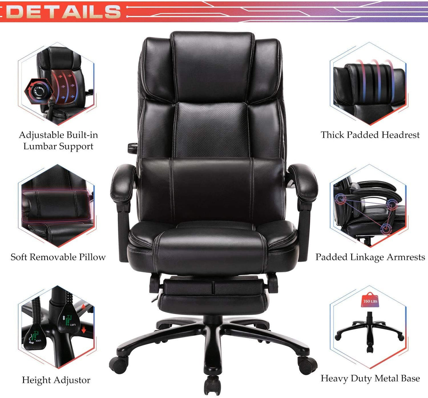 Big and Tall Reclining Office Chair - High Back Executive Computer Desk Chair with Adjustable Built-in Lumbar Support, Angle Recline Locking System and Footrest, Thick Padding for Comfort