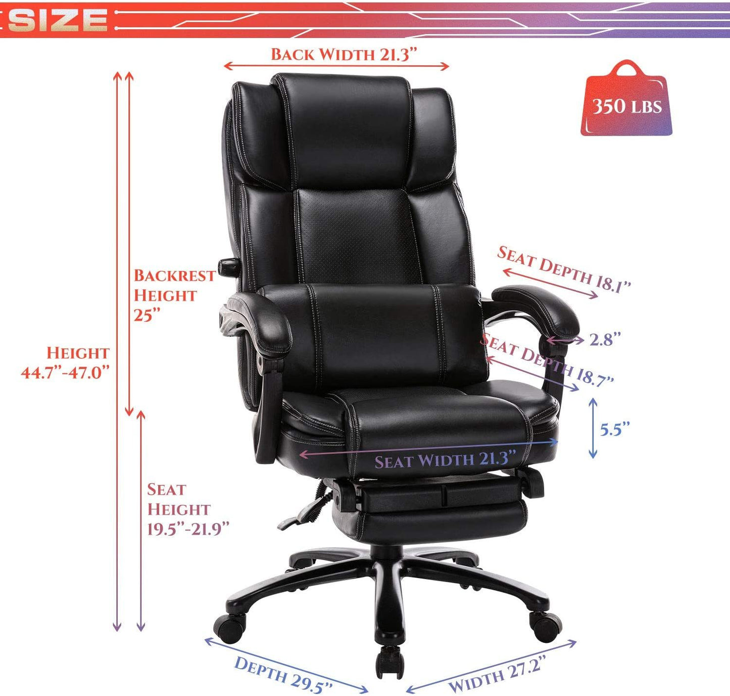 Big and Tall Reclining Office Chair - High Back Executive Computer Desk Chair with Adjustable Built-in Lumbar Support, Angle Recline Locking System and Footrest, Thick Padding for Comfort