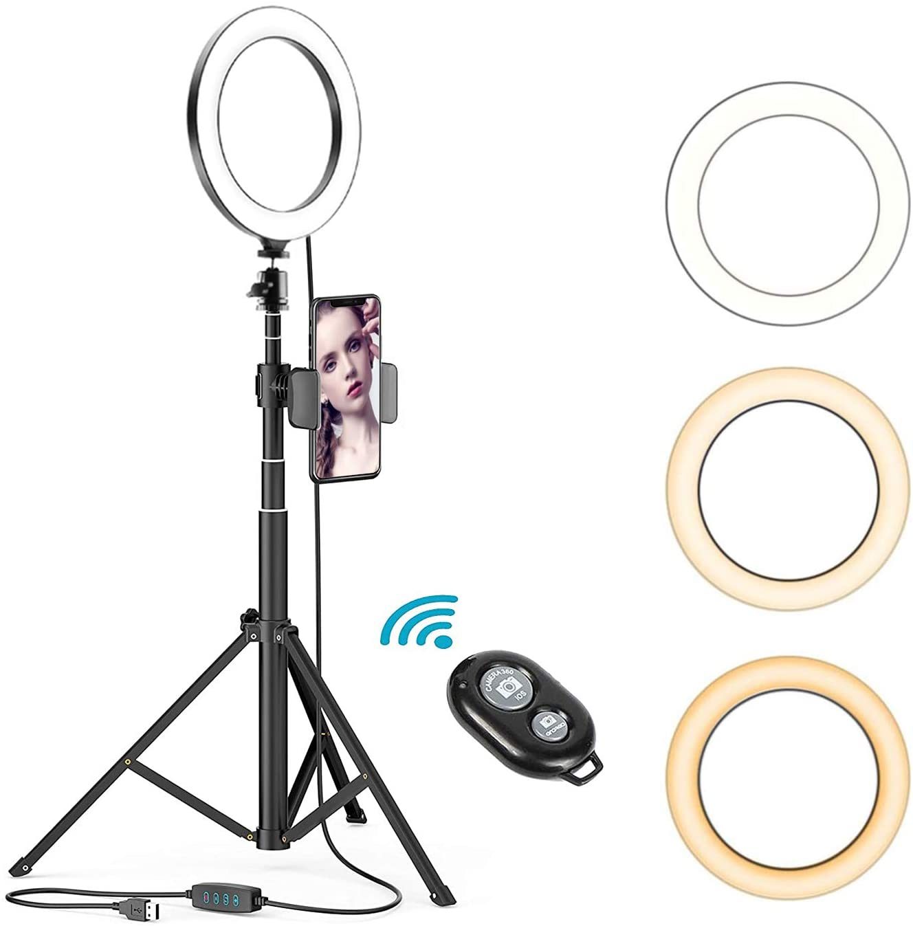8 Inches Selfie Ring Light with Stick Tripod Stand and Phone Holder for Live Stream, Makeup, Dimmable Led Camera Beauty Ringlight for YouTube Video Photography Compatible with iPhone or Android