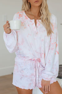 Womens Tie Dye Printed Ruffle Short Pajamas Set Long Sleeve Tops and Shorts PJ Set Loungewear Nightwear Sleepwear