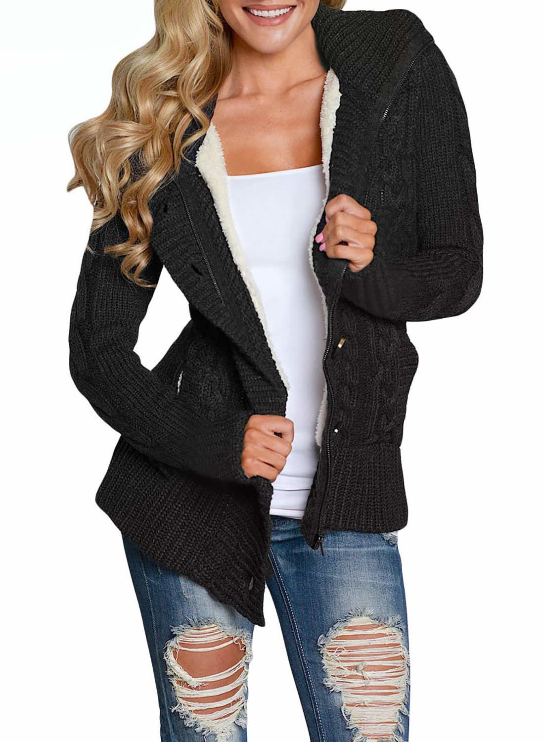 Women Hooded Knit Cardigans Button Cable Sweater Coat