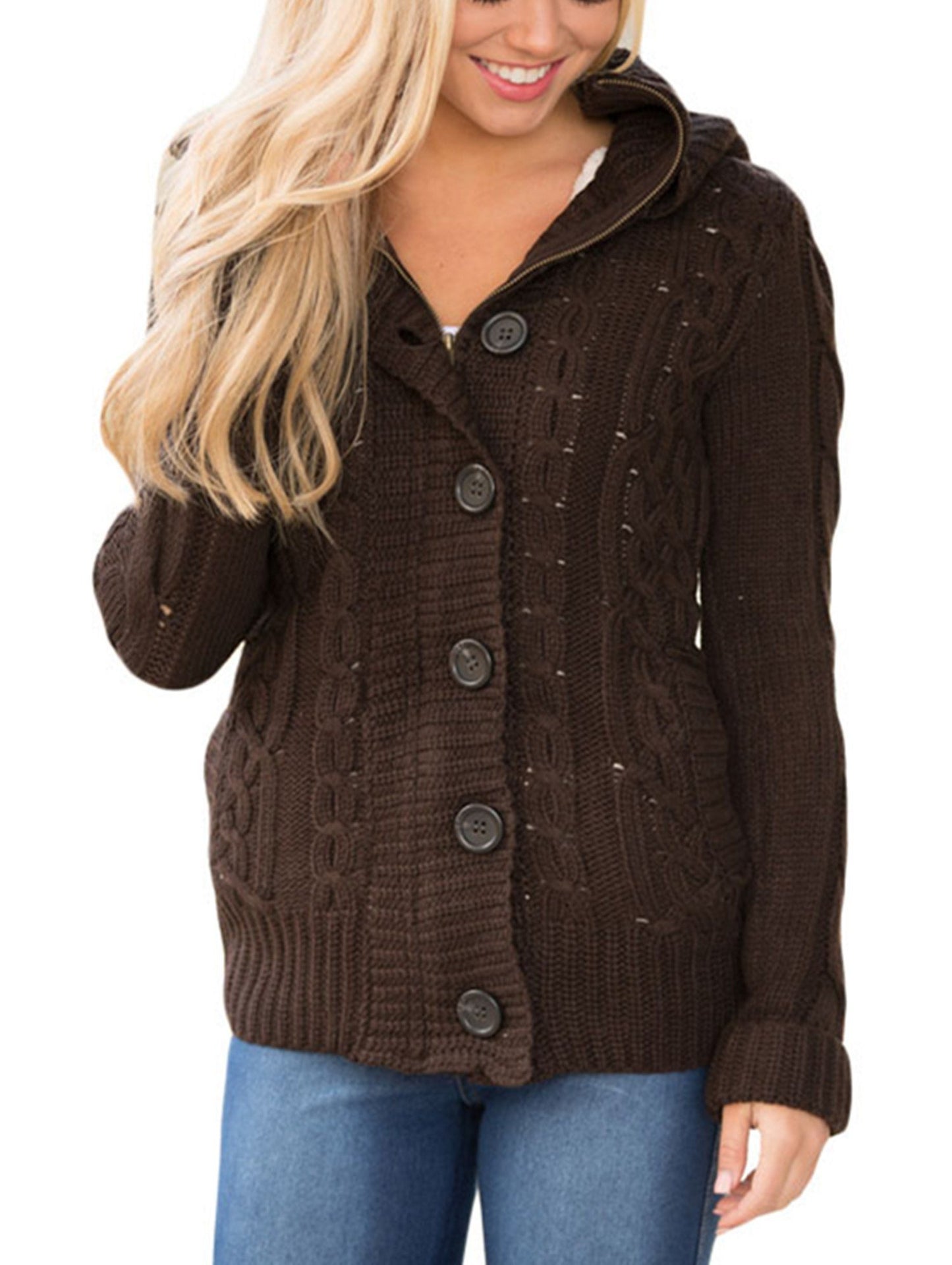 Women Hooded Knit Cardigans Button Cable Sweater Coat