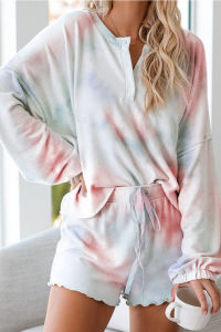 Womens Tie Dye Printed Ruffle Short Pajamas Set Long Sleeve Tops and Shorts PJ Set Loungewear Nightwear Sleepwear