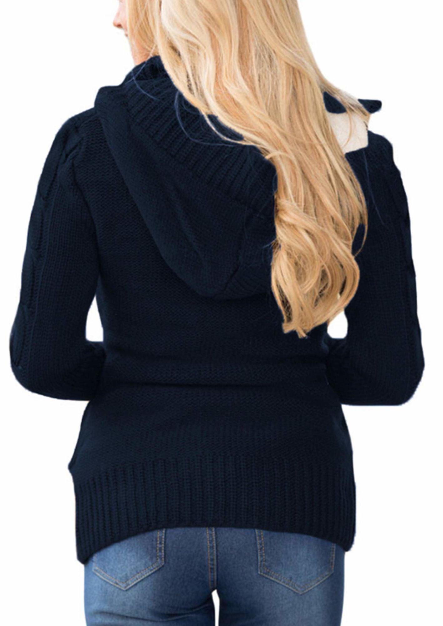 Women Hooded Knit Cardigans Button Cable Sweater Coat