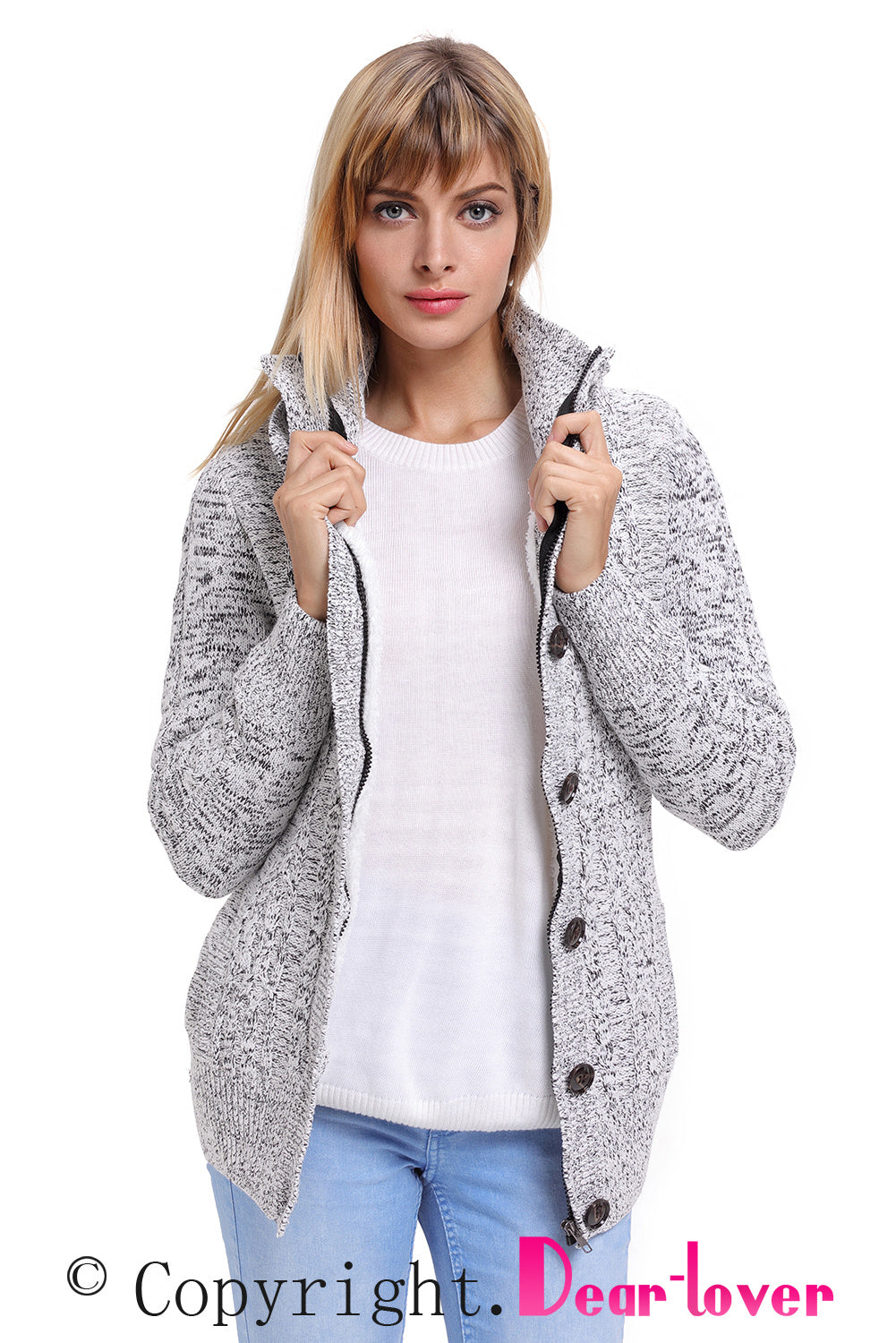 Women Hooded Knit Cardigans Button Cable Sweater Coat
